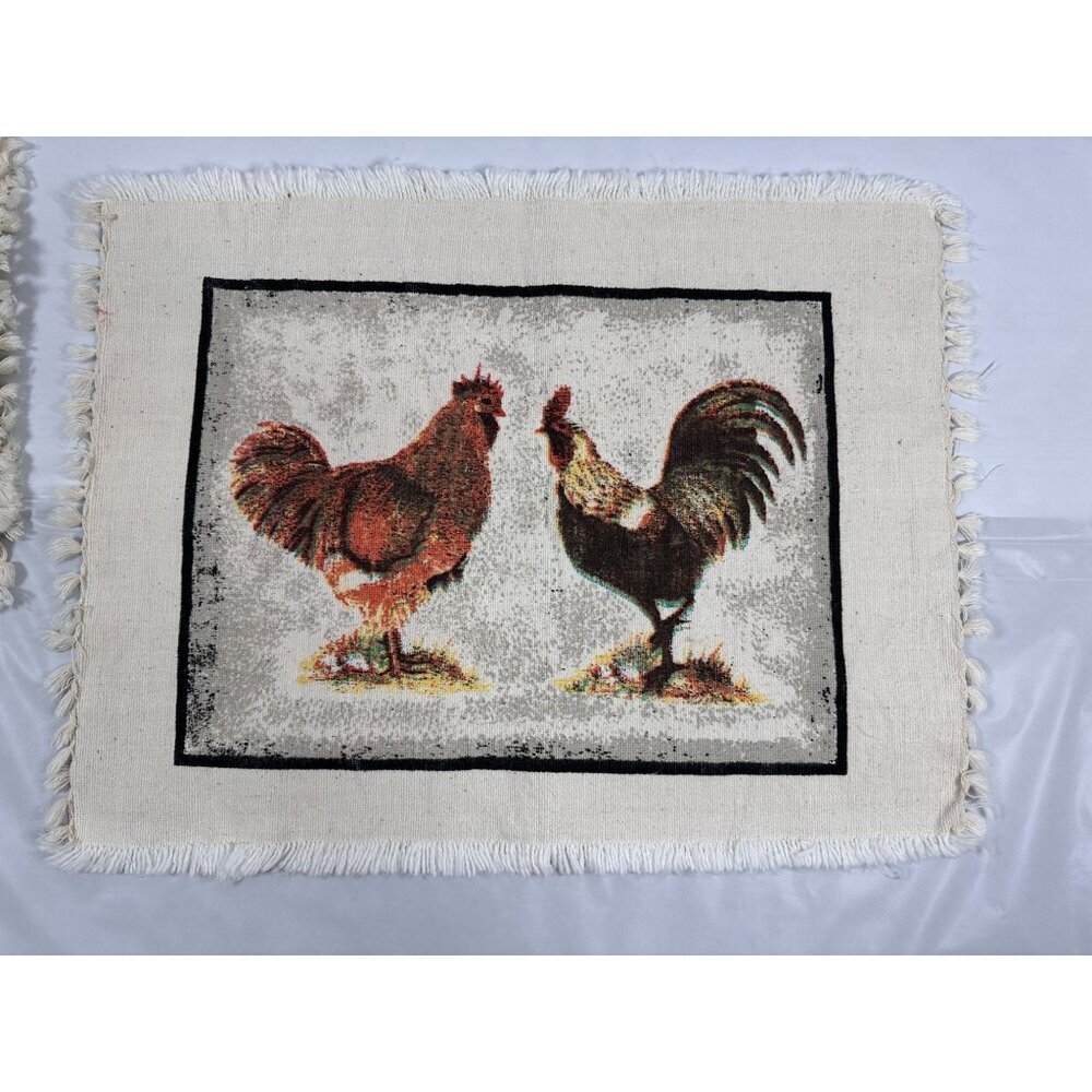 Set Of 6 Rustic Rooster Placemats Fringed Edges Linen Look Cottage Farmhouse - Picture 4 of 13